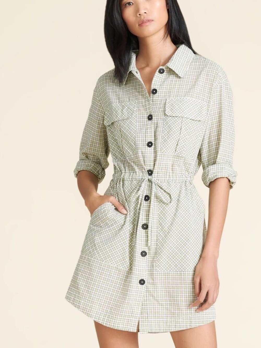 Veronica Beard Green Plaid Drawstring Shirt Dress | M